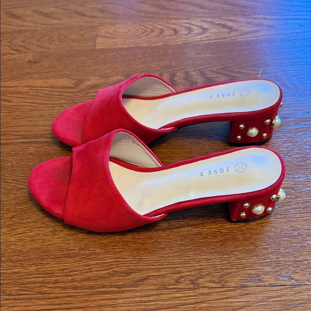 Red Heeled Sandals with Pearl Accents